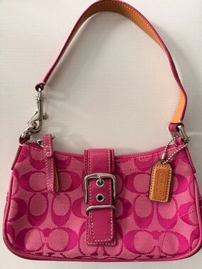Coach Hot Pink Suede Signature Canvas Demi Buckle Shoulder Bag Vintage Y2K